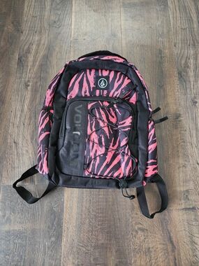 Volcom Black and Pink Zebra-Pattern Backpack